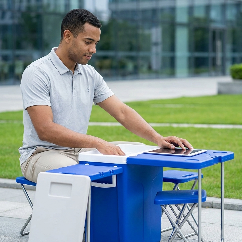 28L Cooler Box and Folding Table Chair Set Blue